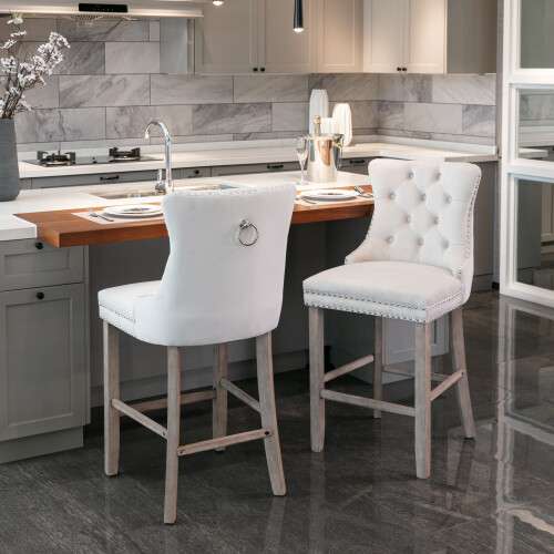 (Beige) Set of 2 Velvet Upholstered Kitchen Bar Stools 2