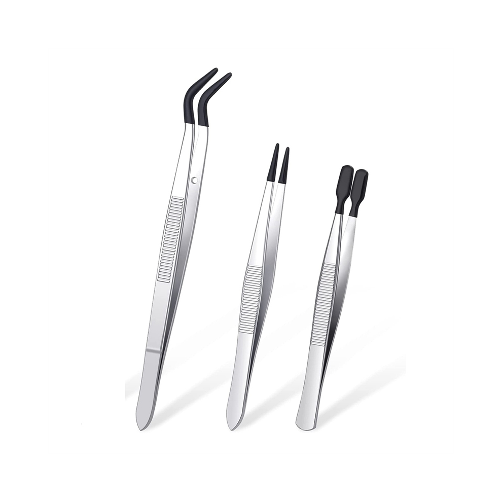 Typecat 3 Pieces Tweezers With Rubber Tips Pvc Coated Set, Straight And Flat Tip Black