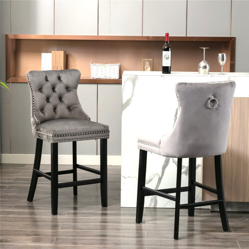 (Grey) Set of 2 Velvet Upholstered Kitchen Bar Stools 2