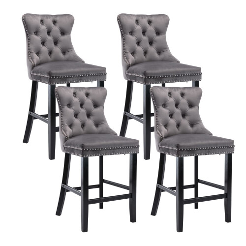 (Grey) Set of 4 Velvet Kitchen Breakfast Bar Stools