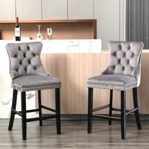 (Grey) Set of 4 Velvet Kitchen Breakfast Bar Stools 2