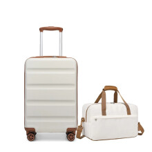 (19Inch+Bag, Cream/Brown) Small 19Inch Hard Shell ABS 4 Wheels Suitcase Cabin Hand Luggage With Travel Bag