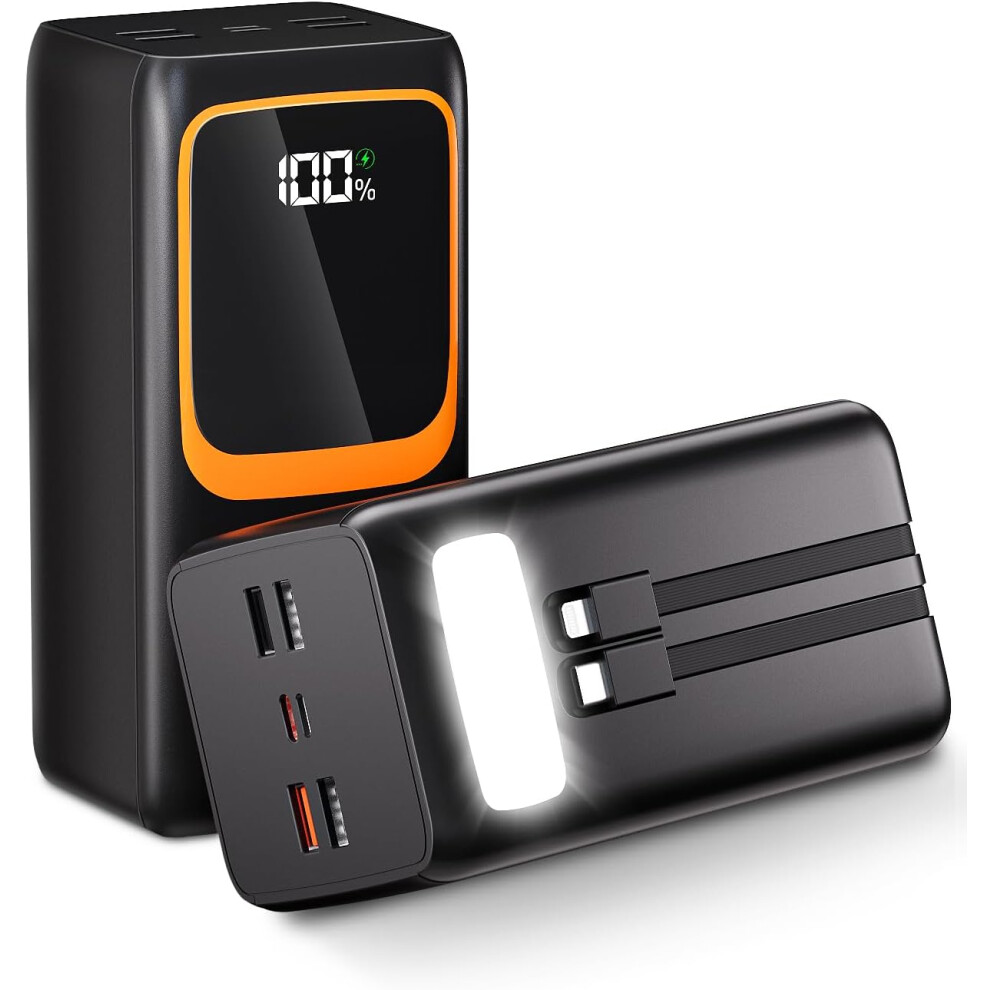 50000mAh Power Bank with Built-in Cable, 22.5W Fast Charging External Battery with Large Capacity, Portable Charger with LED Flashlight