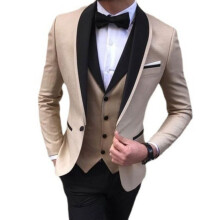 (khaki, XL) Pánské obleky Slim Fit 3 kusy svatební formální obchodní smokingy na jedno tlačítko