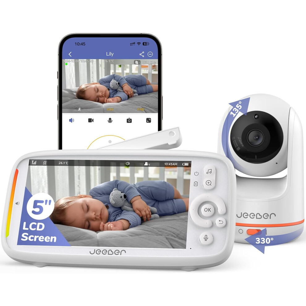 2K Wifi Smart Video Baby Monitor with Camera, Phone App & 5'' Screen Control, Motion & Cry Detection, Night Vision, Two-Way Talk, Lullabies