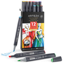ARTEZA Alkoholborstpennor, 12 färger, EverBlend Classic Tones, medelstora chisel och borste, dubbelspets