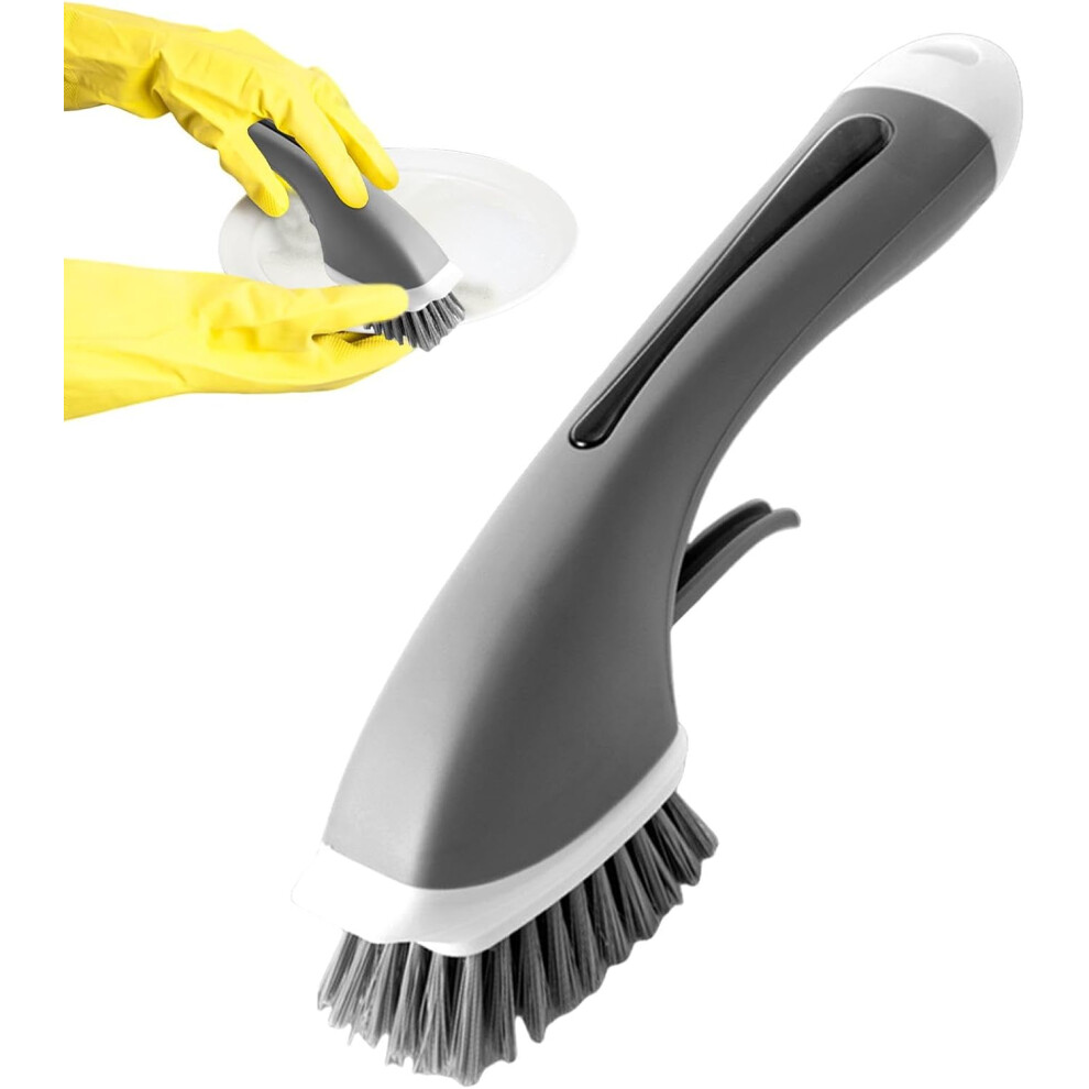 (Grey) Kitchen Dish Brush - Long Handle Soap Dispensing Automatic Cleaning Scrubber,Reused Add Detergent Dish Scruber Sink Cleaning Scrubber for Bowl-image-OPC-PGWRYWV-NEW
