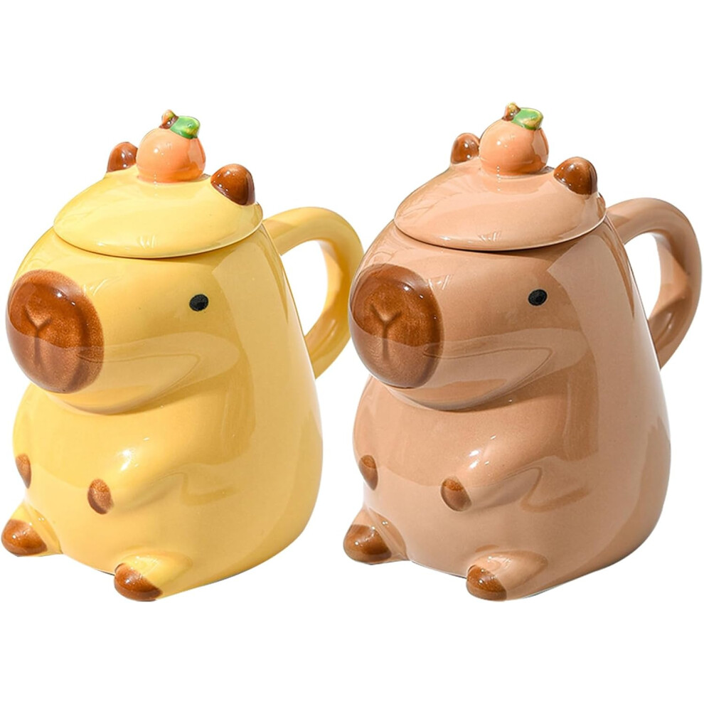 (2pc) Capybara Mug, Ceramic Animals Mug, 3 D Cute Capybara, Coffee Cup, with Lid, Cartoon Shaped, Creative Coffee Cups Tea Cups for Family &