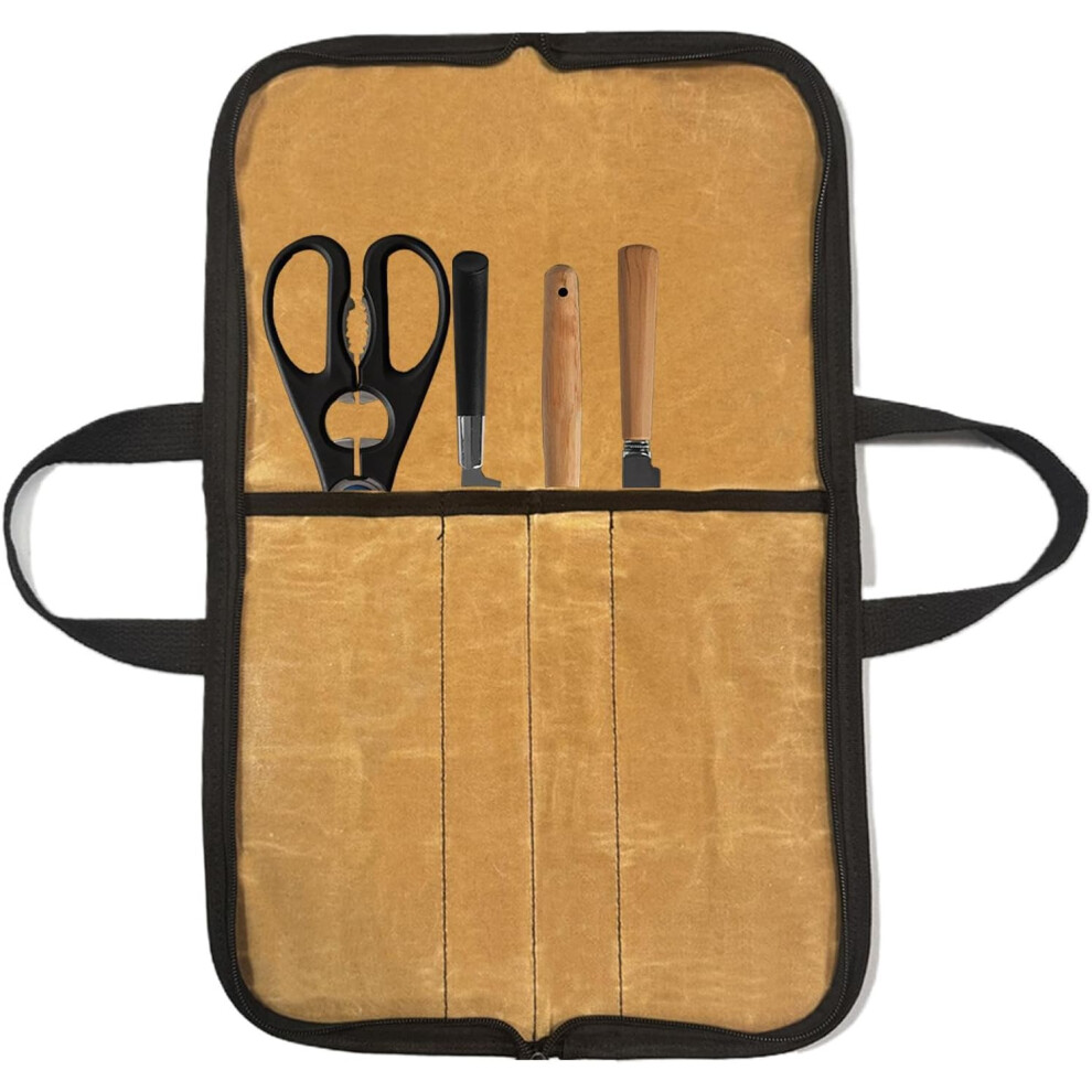 (Khaki) Knives Roll Bag | Outdoor Cutlery Storage Pouch | Waxed Canvas Portable Chef's Knives Storage Bag for Kitchen Tools for Camping Hiking