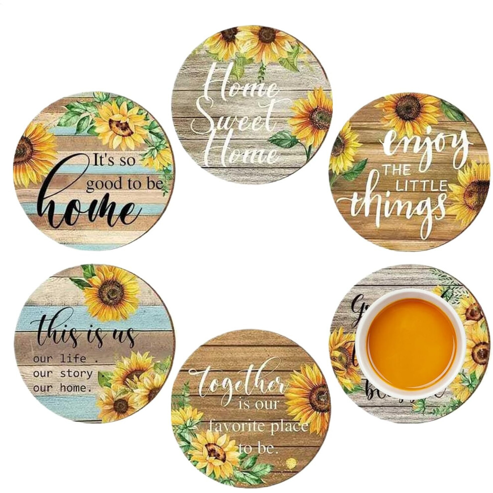 Flower Coaster | Rustic Sunflower Set of 6 Wooden Coasters,Stained Painting Wood, Handmade Home Table Decorations, Decorative Non-Slip Pad for