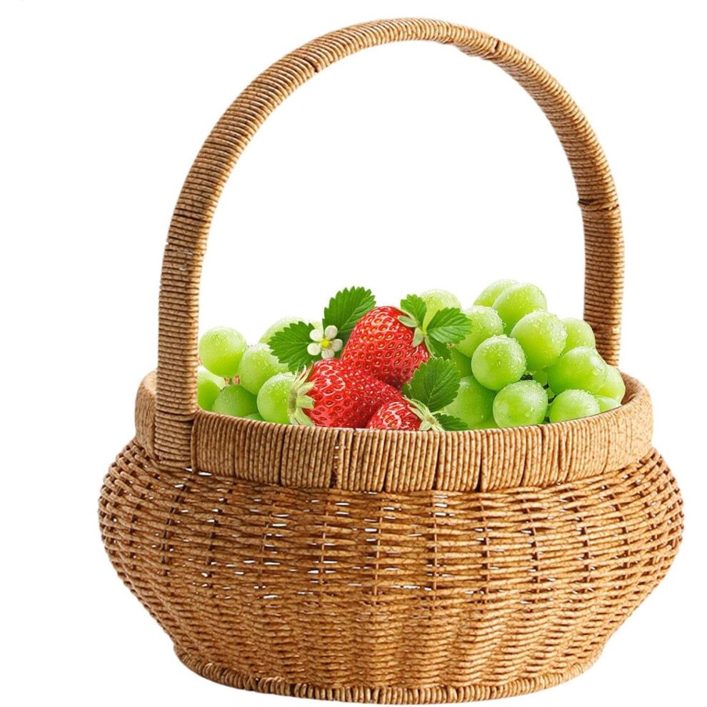 (M) Wicker Fruit Basket | Pantry Organizer - Imitation Rattan Bread Basket Round Decorative Fruit Serving Wicker Storage Bowls with Handles for Kitche