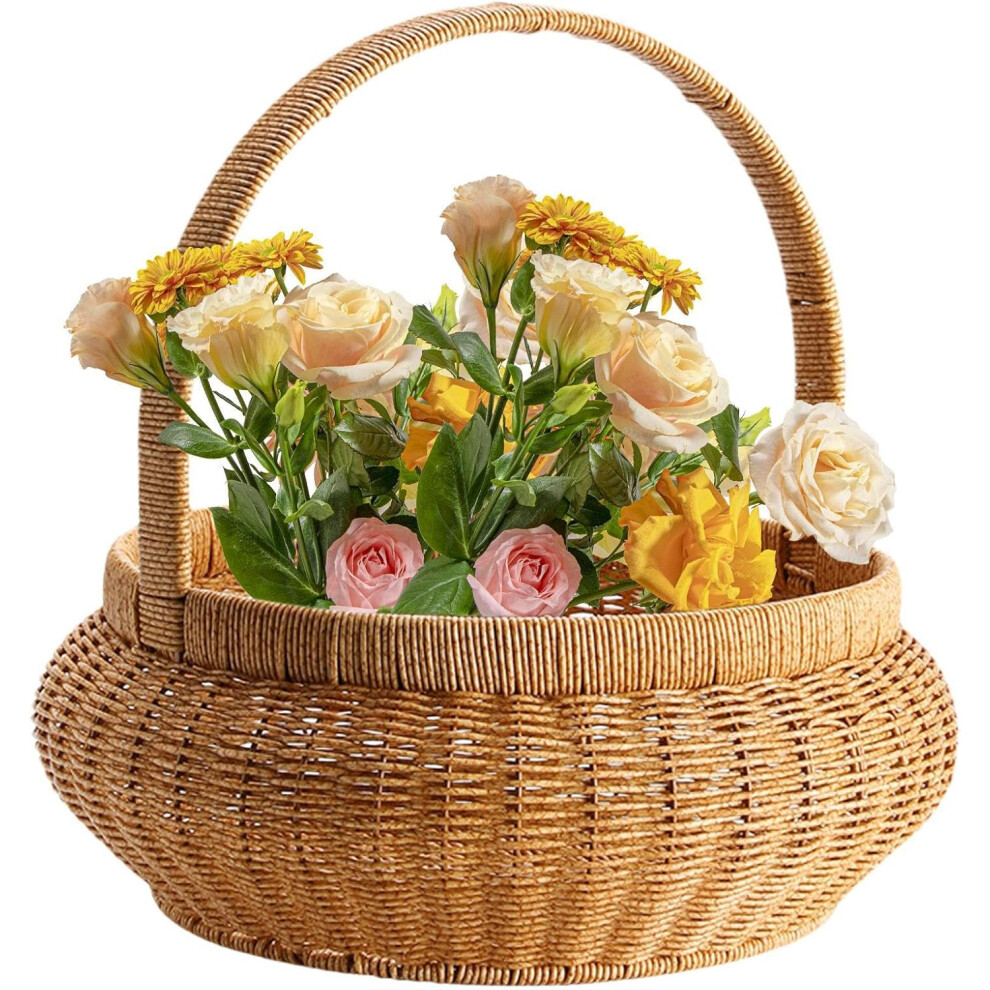 (L) Wicker Fruit Basket | Pantry Organizer - Imitation Rattan Bread Basket Round Decorative Fruit Serving Wicker Storage Bowls with Handles for Kitchen Co