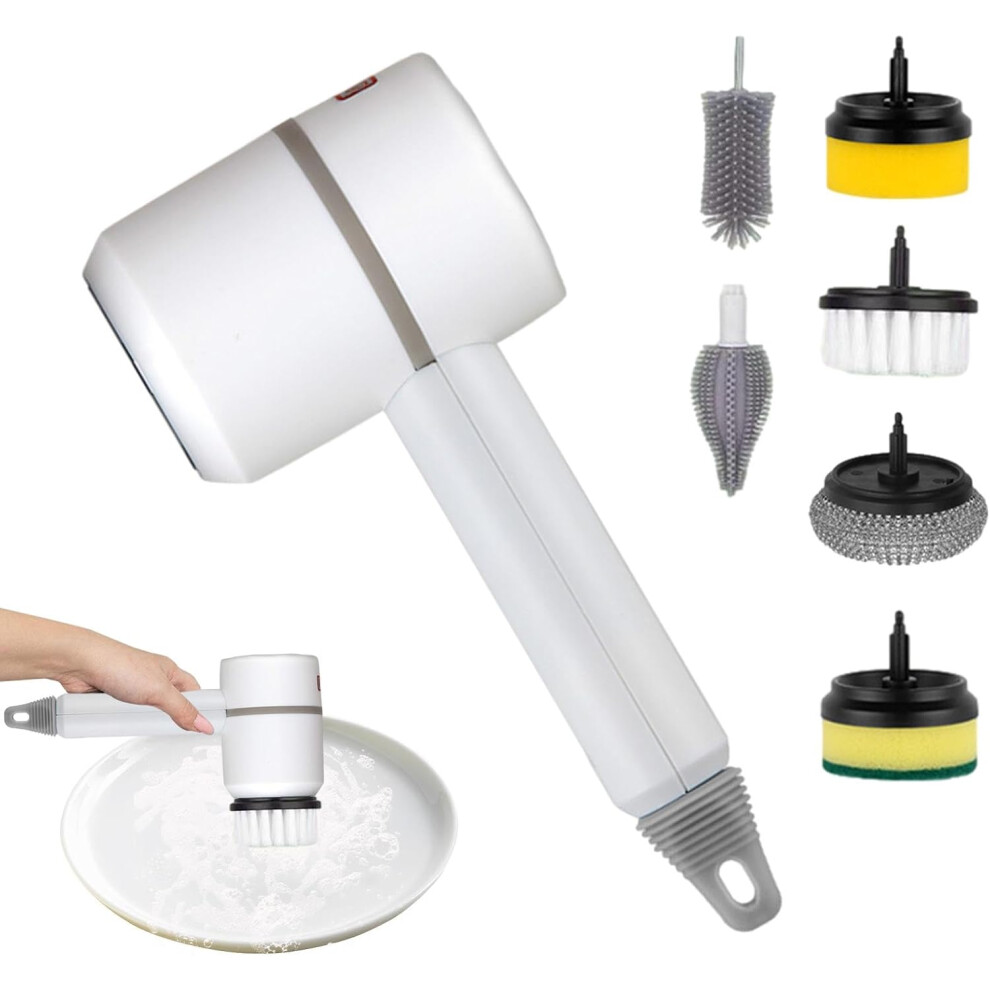 (White) Electric Cleaning Brush,Handheld Kitchen Cleaner Household Motorized Brush - Rechargeable Kitchen Dish Brush with 6 Replaceable Brush for Bath