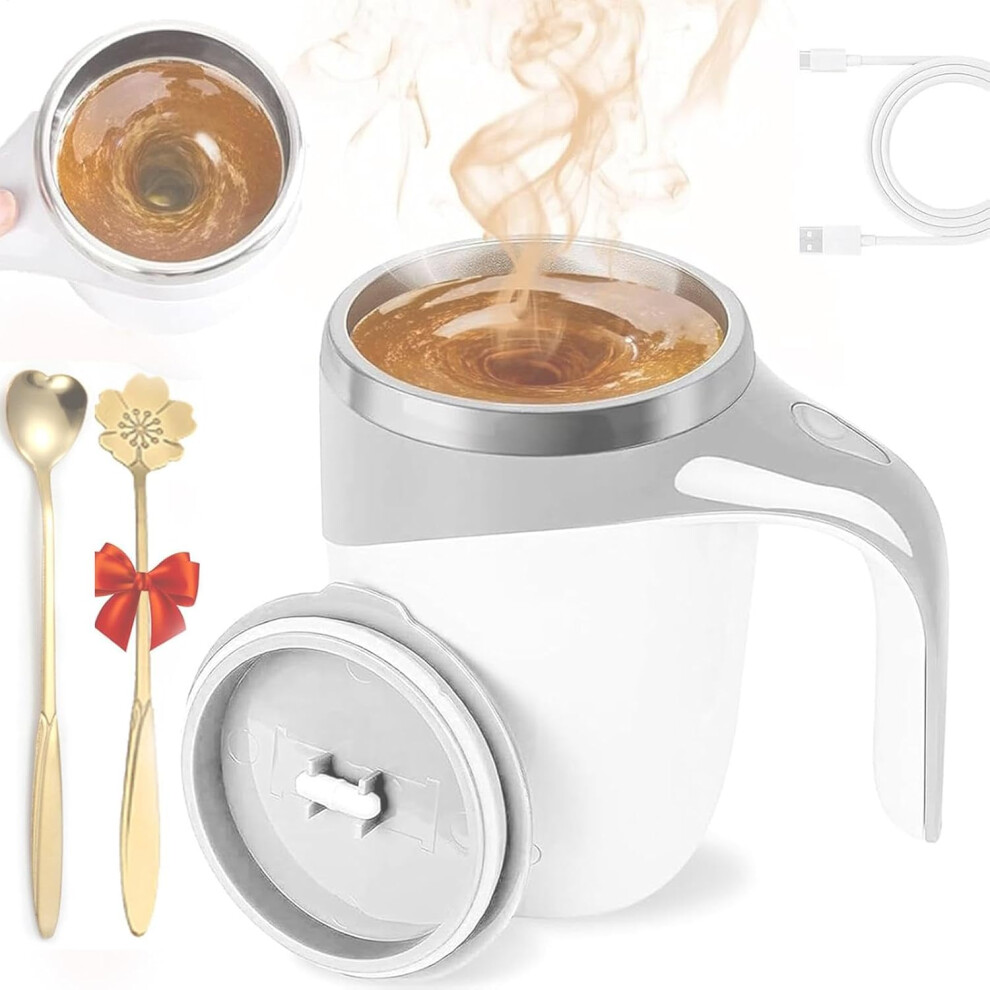 (White) Upgrade Sel-f Stirring Mug, 350ml Rechargeable Stainless Steel Stirring Cup Coffee Blender Cup, Automatic Magnetic Stirring Coffee Mug with 2p
