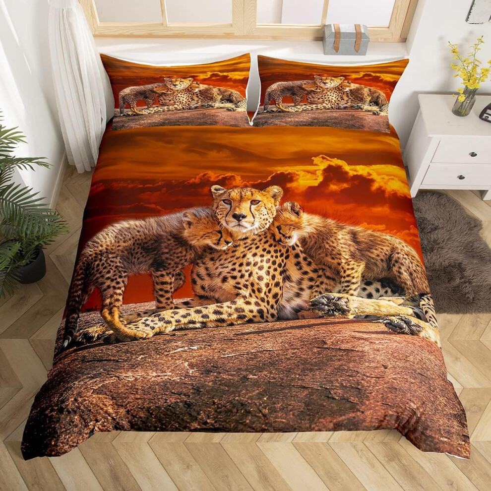 ((No Comforter)) 3D Cheetah Print Bedding Set Double Size Leopard Comforter Cover Wild Animal Family Duvet Cover For Kids Boys Teens Men Women Wildlife African Grassla