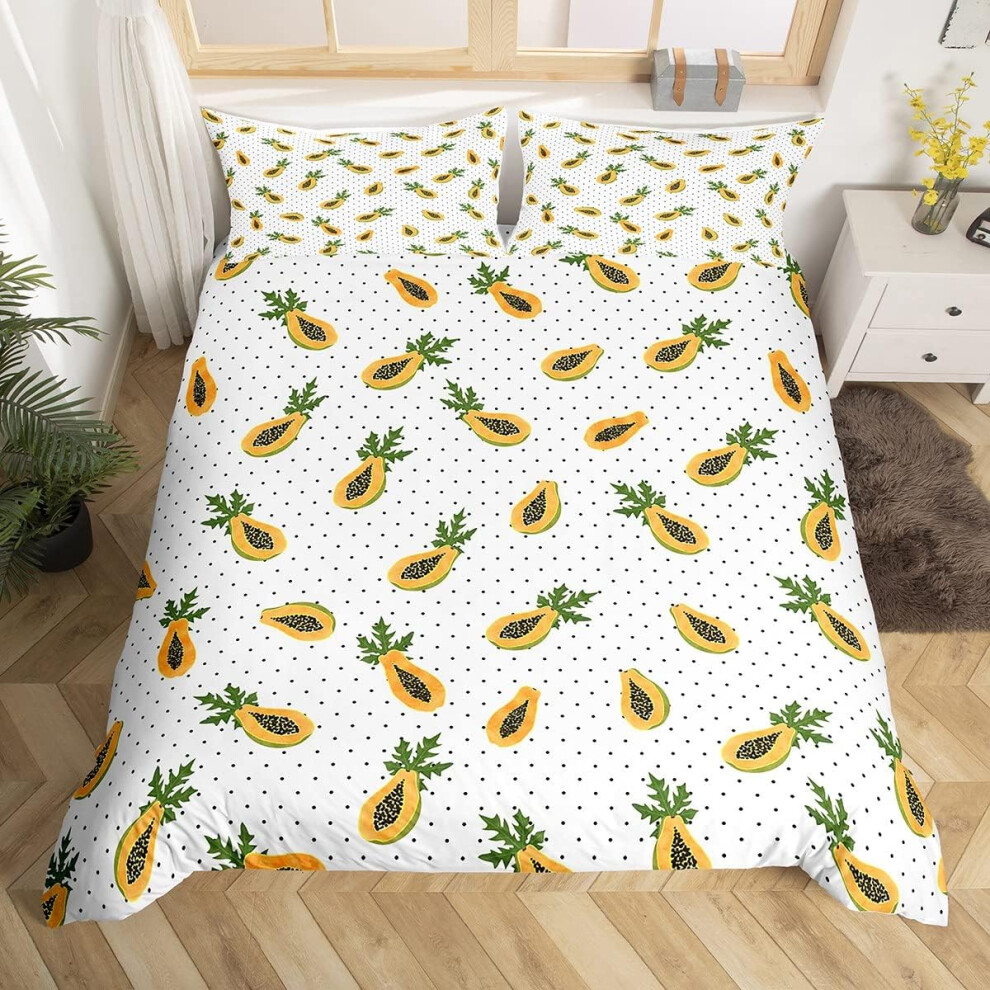 ((No Comforter)) Papaya Comforter Cover Set Double Size Allover Fruits Bedding Set For Lady Girls Tropical Food Duvet Cover Leaves Quilt Cover Cute Bright Dotted Desig