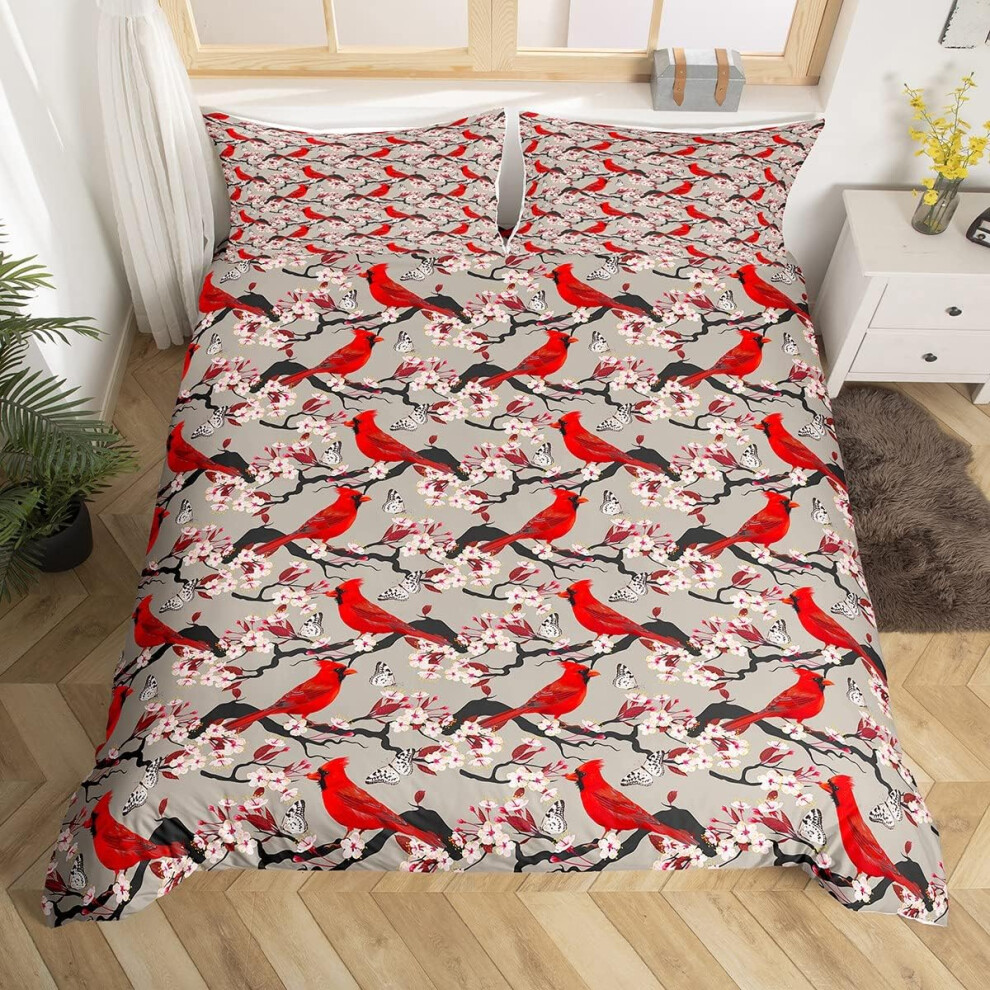 ((No Comforter)) Cardinal Duvet Cover Cherry Blossom Bedding Set For Girls Cardinals Birds Cherry Flowers Branches Comforter Cover Ethnic Kawaii Animal Bed Set Japanes