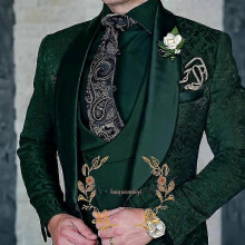 (M,green)Jacquard Elegant Men's 3 Piece Suit Set Wedding Groom Tuxedo Jacket Pants Vest Formal Party Dress Xs-5xl