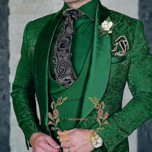 (S,light green)Jacquard Elegant Men's 3 Piece Suit Set Wedding Groom Tuxedo Jacket Pants Vest Formal Party Dress Xs-5xl