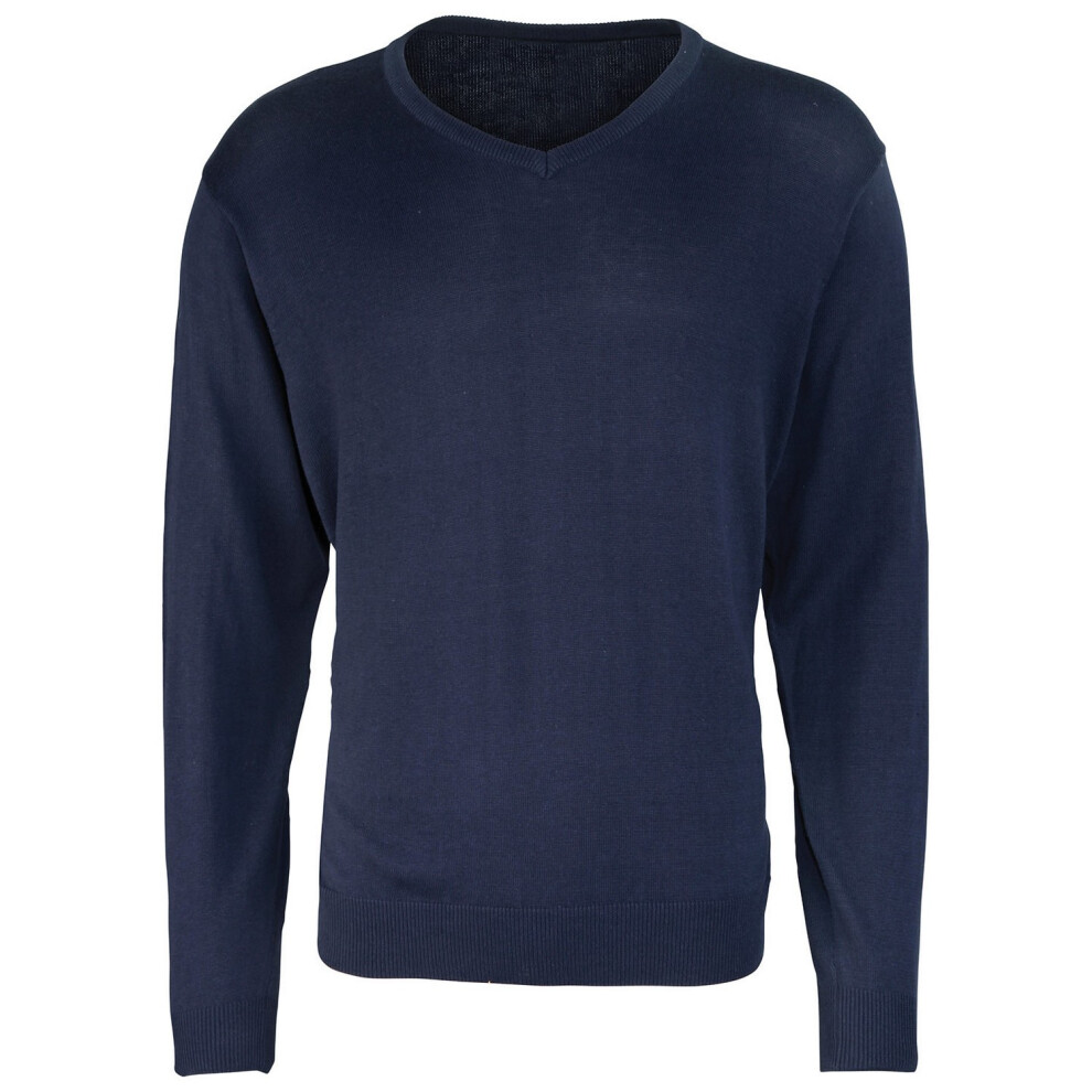 (XS, Navy) Premier Mens Knitted Cotton Acrylic V Neck Sweatshirt