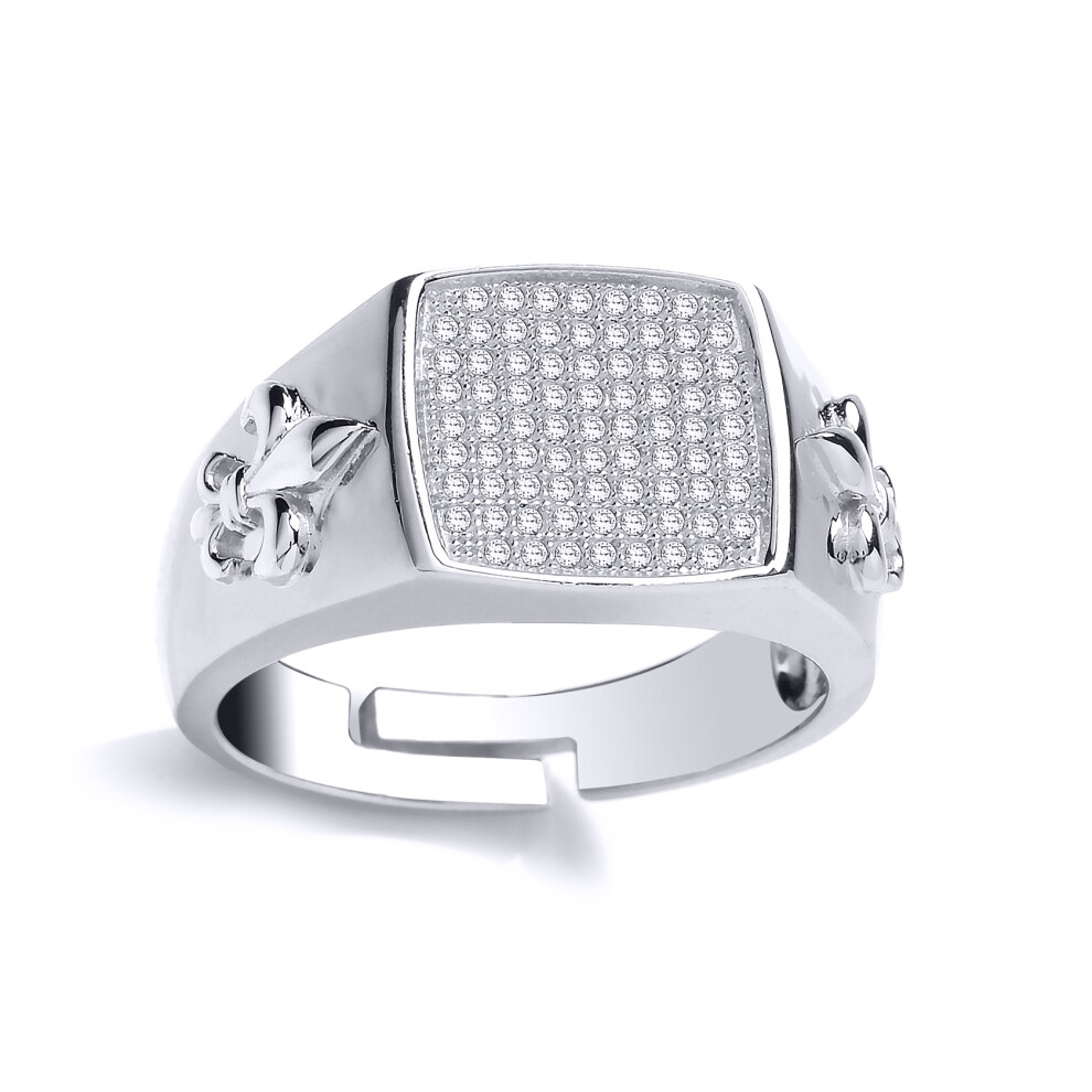 (T) Jewelco London Mens Rhodium Plated Sterling Silver Cubic Zirconia Fleur De Lis Square Cushion Signet Ring