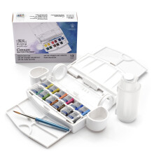 Winsor e Newton Cotman Watercolor Pintura Conjunto de viagens de campo 12 Meia panela com mixagem de mixagem de pincel garrafa