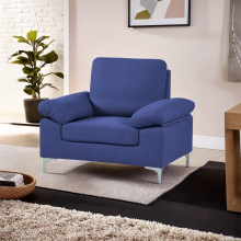 Modern One Seater Sofa Blue Fabric with Chrome Feet - Comfortable Couch with Cushion for Living Room, Bedroom or Office