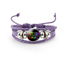 (1512) Unieke autismebewustzijn paars lederen meerlaagse stripfiguurarmband