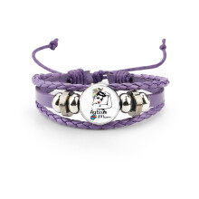 (1501) Unieke autismebewustzijn paars lederen meerlaagse stripfiguurarmband