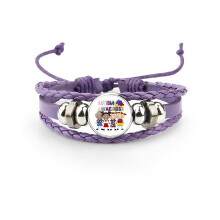 (1503) Unieke autismebewustzijn paars lederen meerlaagse stripfiguurarmband