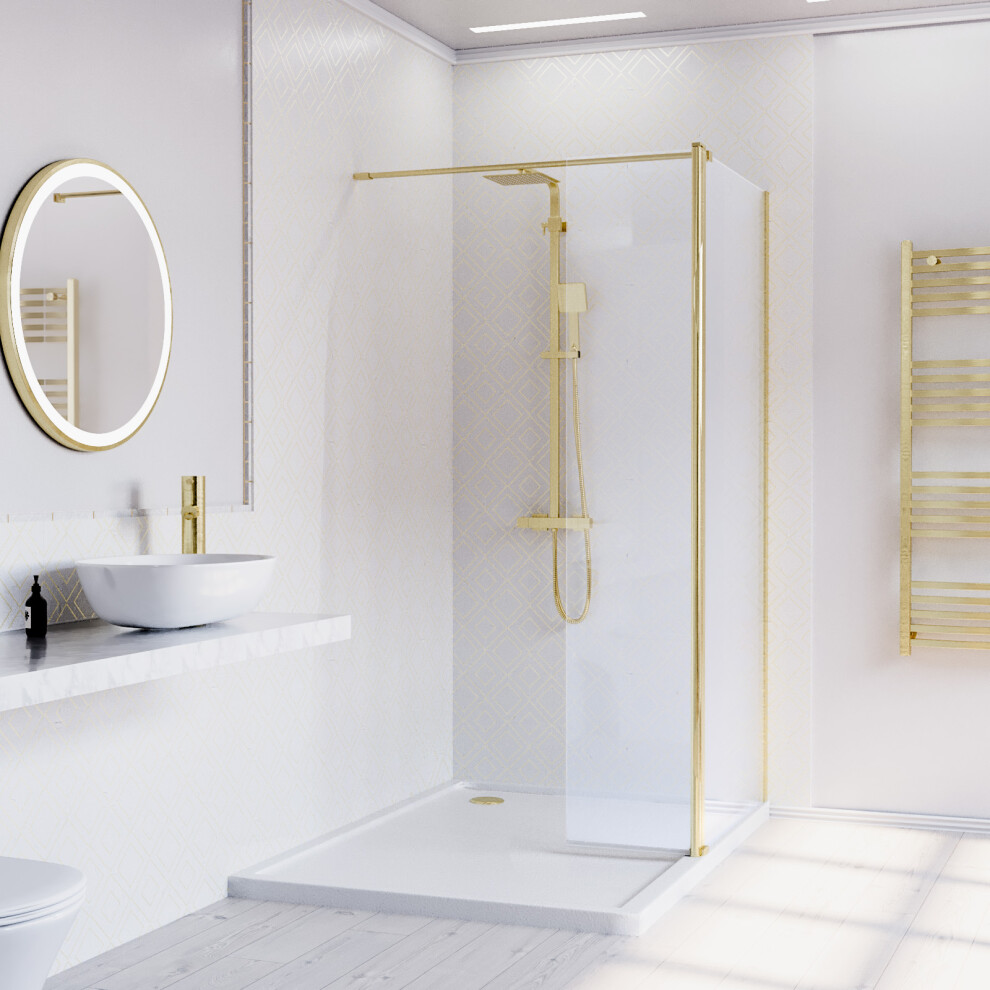 Nes Home Brushed Brass 700mm Wet Room Screen 8mm Tempered Glass With 300mm Flipper Panel