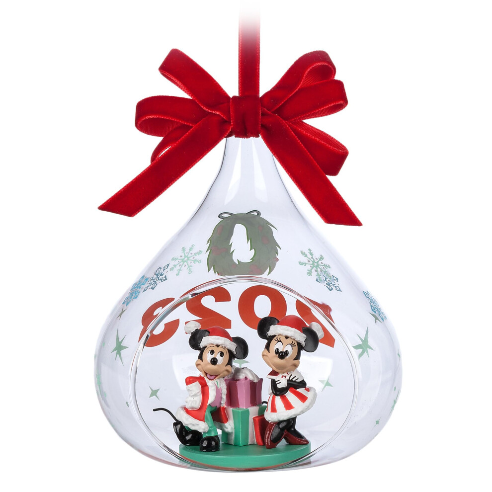 Disney Santa Mickey Mouse and Minnie Mouse 2023 Glass Drop Sketchbook Ornament