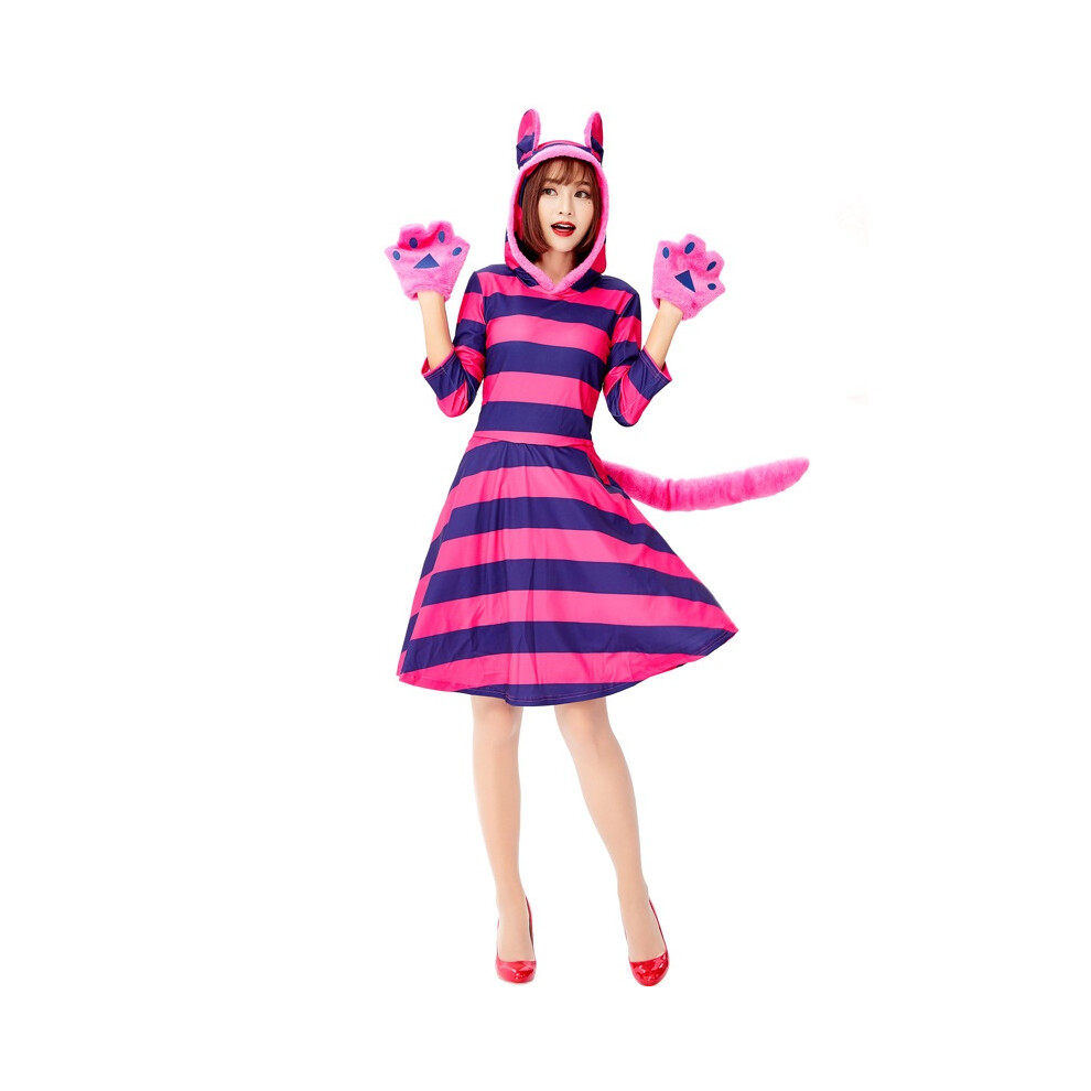 (M) Alice In Wonderland Cheshire Cat Adult Costume Cosplay Women Hooded Dress Fancy
