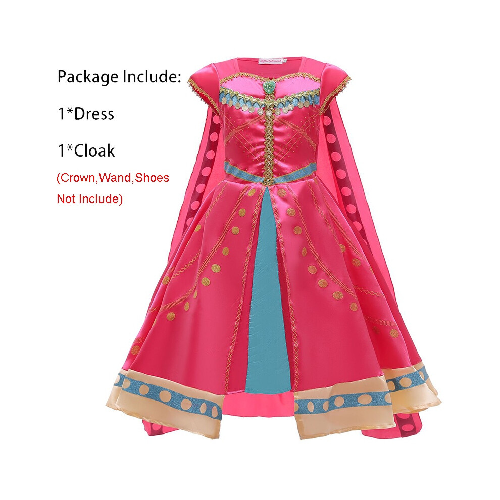 (110cm) Aladdin Movie Kid Girls Jasmine Princess Fancy Rose Dress Costume Cosplay Wcape