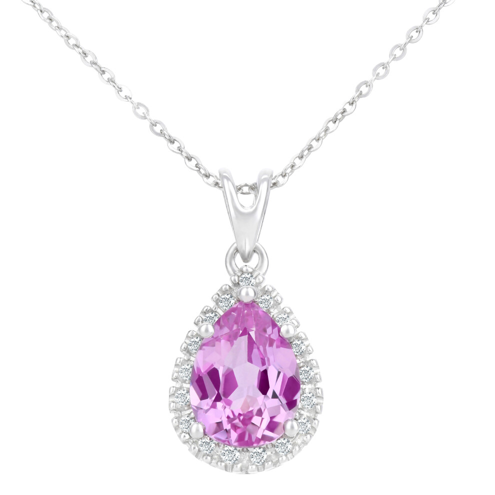 Jewelco London 9ct White Gold Round 7pts Diamond Pear 1.54ct Created Sapphire Teardrop Pendant Necklace 18 inch 46cm - PP0AXL3820WCrtdPinkSa