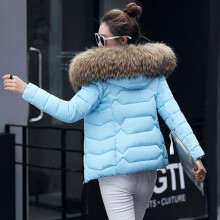 (Sky Blue, XL) Parka Jacket Womens Fur Collar Hooded Short Slim Coat Outwear Winter Quilted