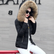 (Black, L) Parka Jacket Womens Fur Collar Hooded Short Slim Coat Outwear Winter Quilted