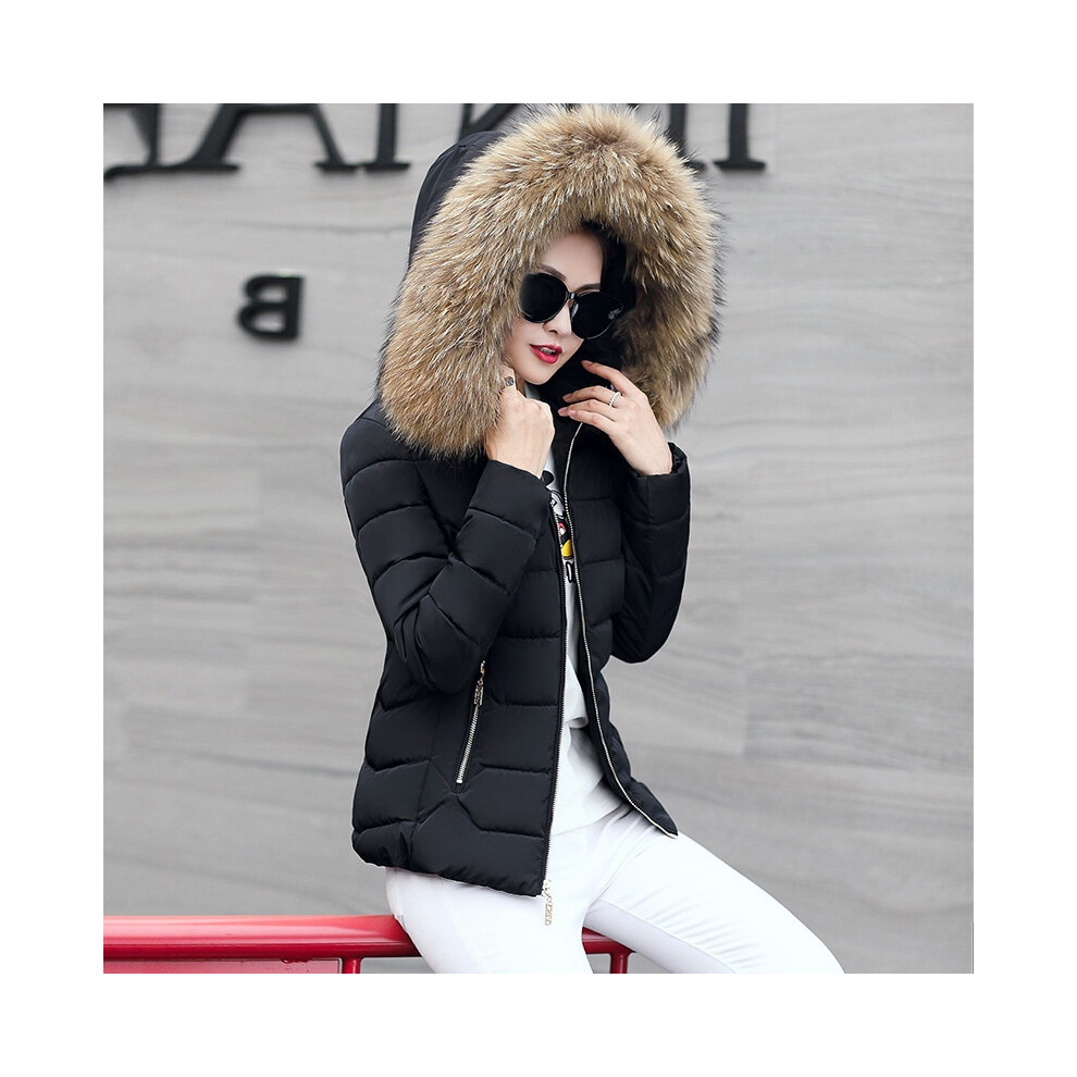 (Black, L) Parka Jacket Womens Fur Collar Hooded Short Slim Coat Outwear Winter Quilted