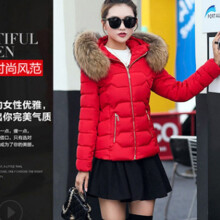(Red, L) Parka Jacket Womens Fur Collar Hooded Short Slim Coat Outwear Winter Quilted