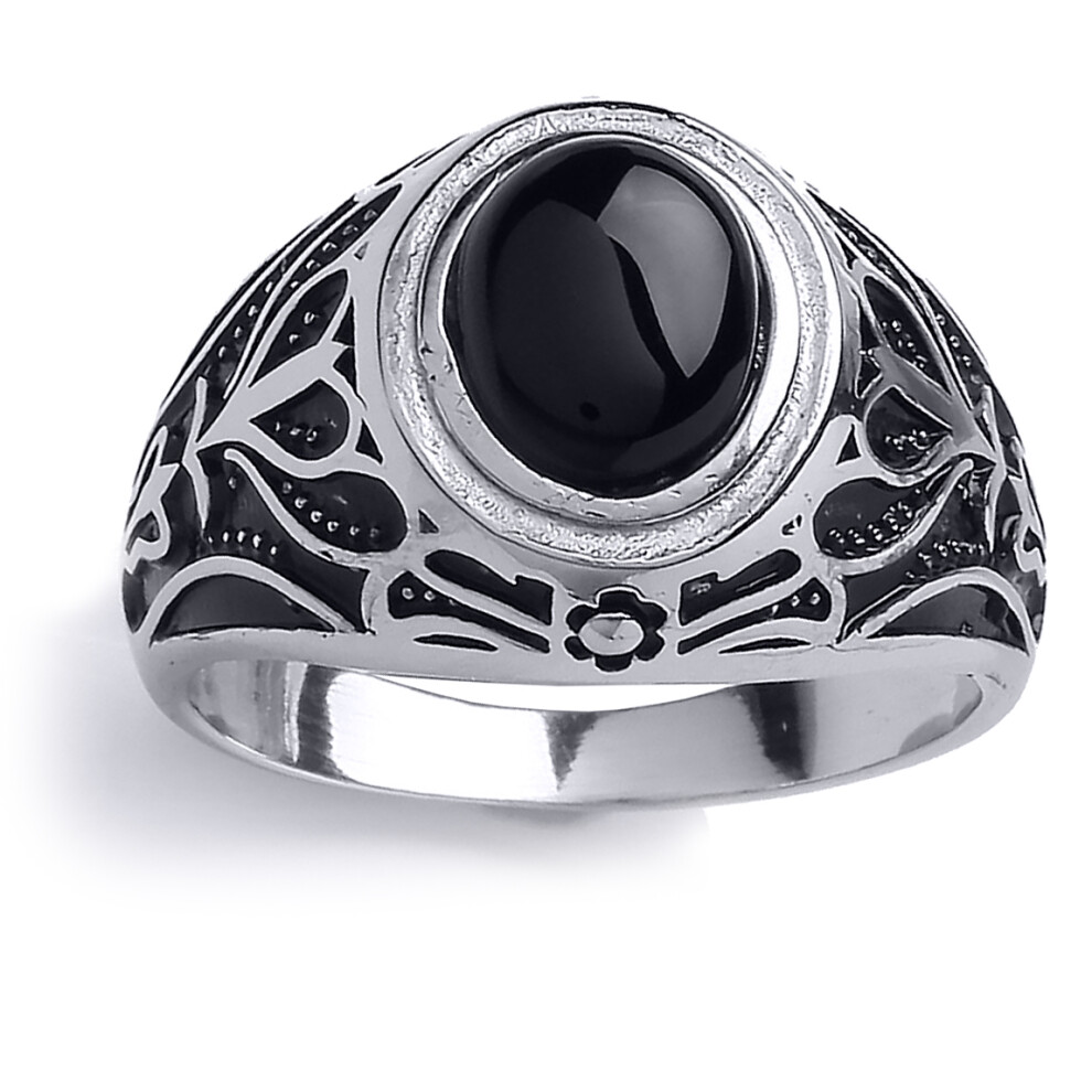 (T) Jewelco London Mens Rhodium Plated Sterling Silver Black Oval Onyx Carved Cabochon Signet Ring