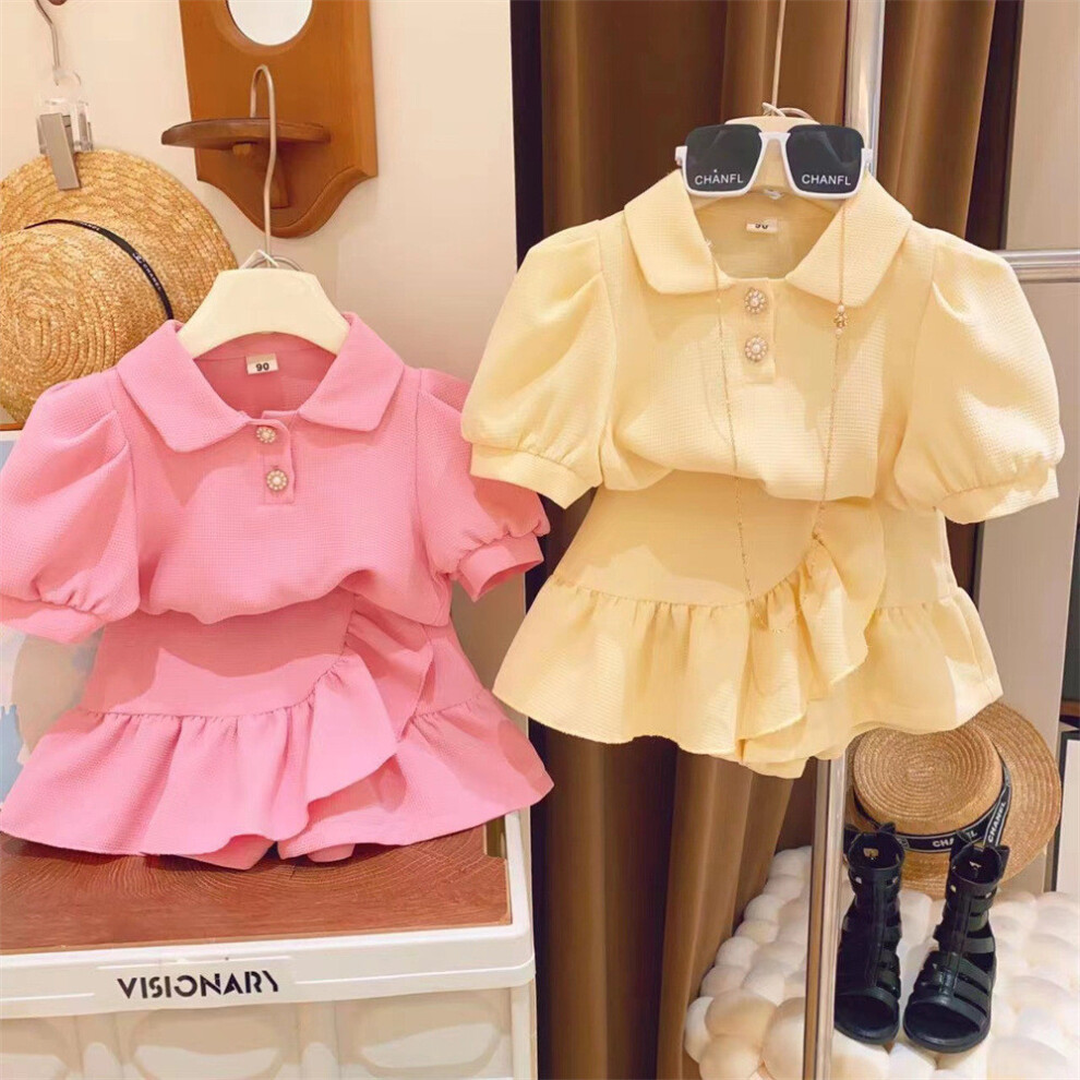 (Beige Set, Size 140) Korean Inspired Stylish Short Sleeve Bubble Collar Dress And Shorts Set For Girls-image-OPC-PGWXJB7-NEW
