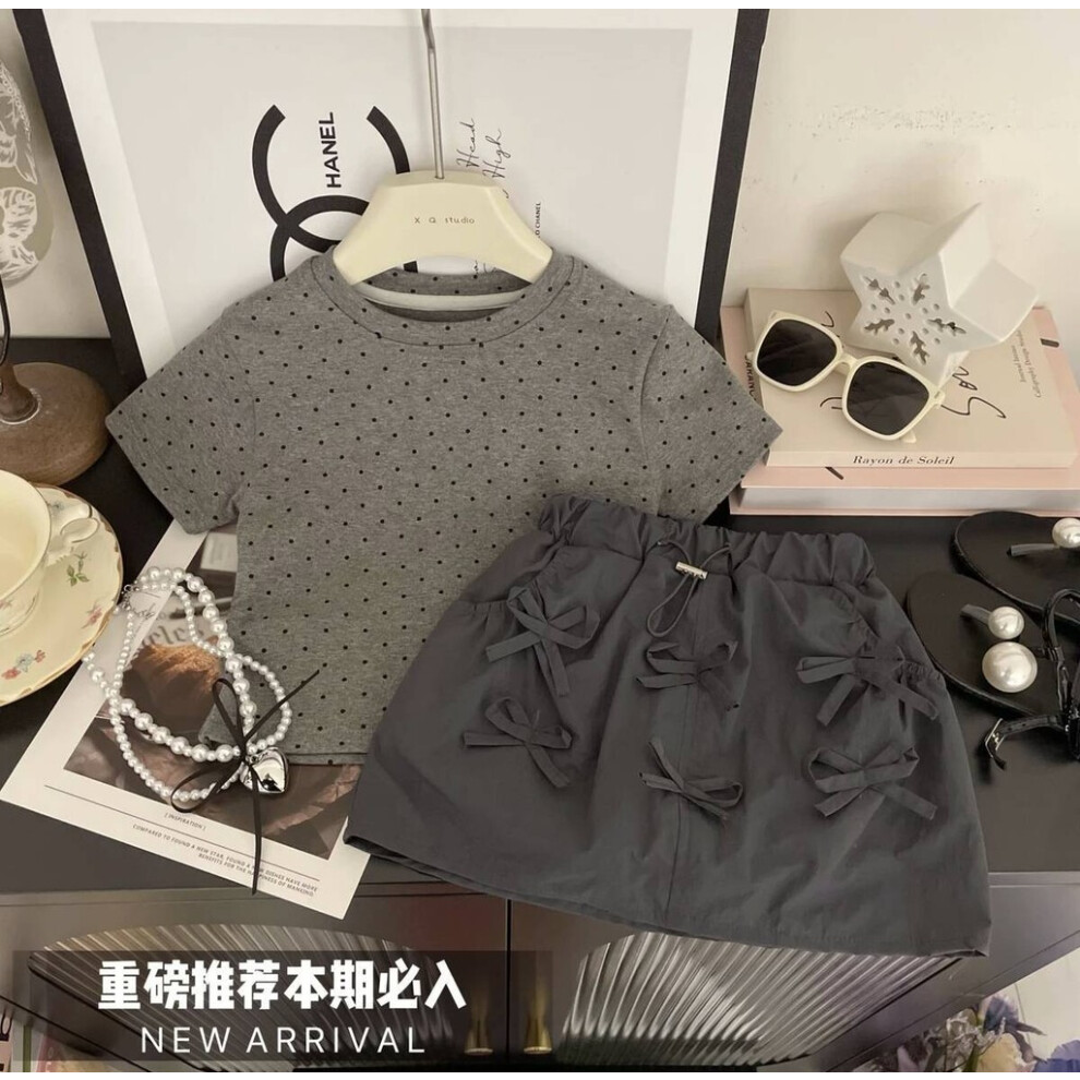 (Gray Set, 140) Korean Fashion Chic Two Piece Outfit For Young Girls With Comfortable Polka Dot And Skirt Tshirt-image-OPC-PGWXKT2-NEW