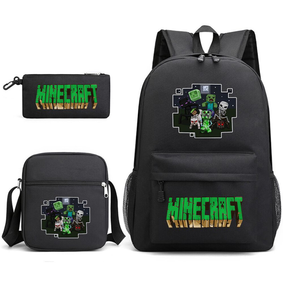 (Black) Backpack Minecraft Lunch Bag Crossbody Bag Pencil Case School 3pcs Kids Gift Set
