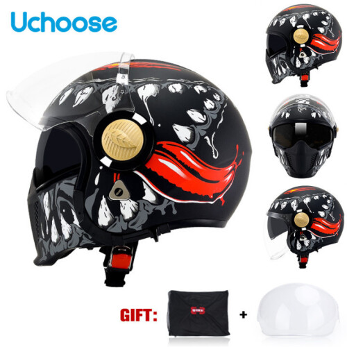Casco Moto Jet Modulare 3/4 Retrò - Aperto Demi-Jet, ABS, Dotato Di Visiera, Rosso, Taglia L (56-57cm)