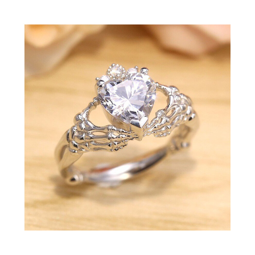 (6) Plated Silver Skull Ring Claddagh White Sapphire Heart Punk Rings Hands Skeleton