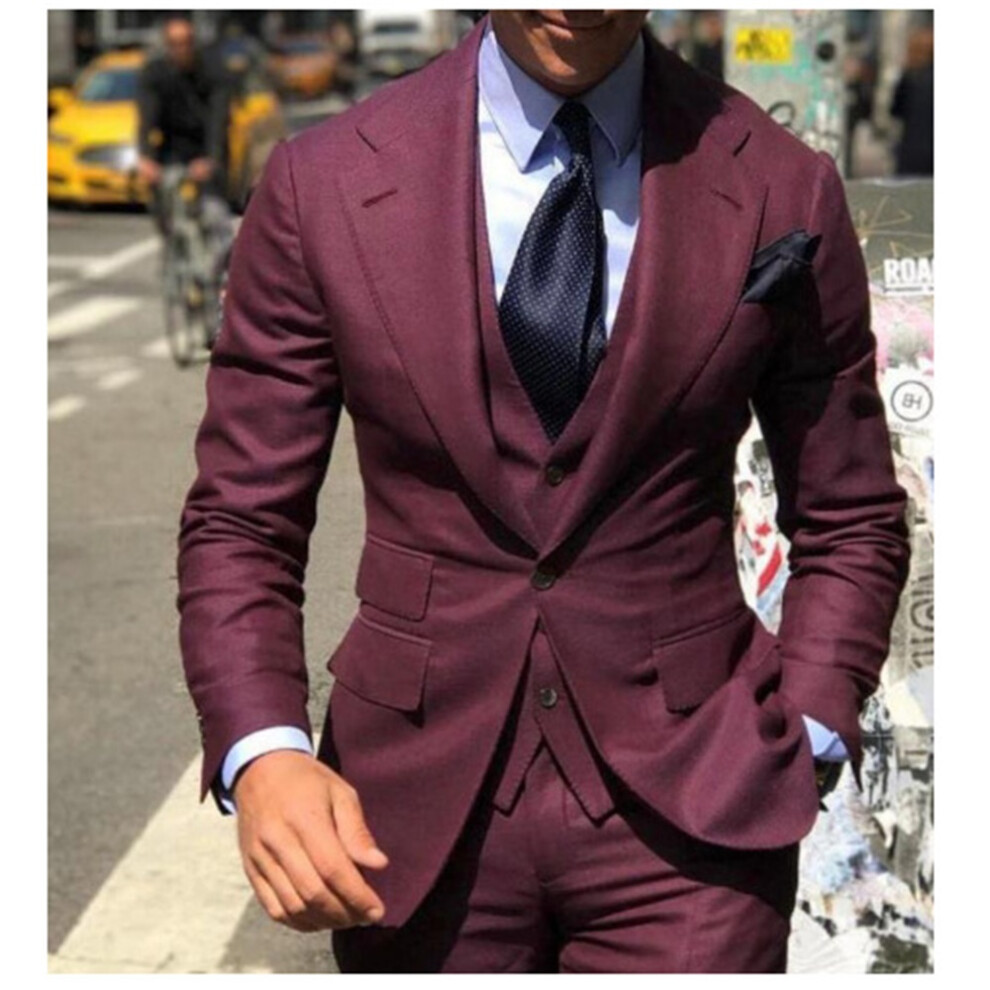 (wine red, XXXL) One Button Men Suit 3 Pieces Jacket Vest Pants Wedding Suits Groom Tuxedos-image-OPC-PGWZDHQ-NEW