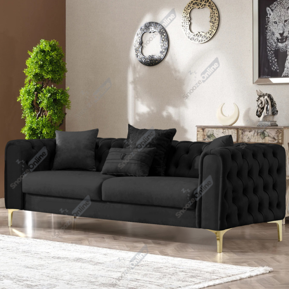 (Black Velvet, 3 Seater Sofa) Plush Velvet Chesterfield Sofas & Couches Stylish 3+2 Seater Sofa Set, Armchair For Living Room