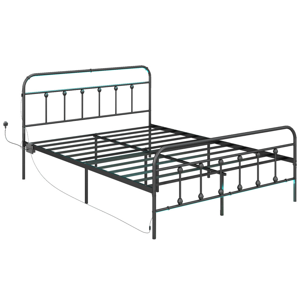 HOMCOM Double Bed Frame with LED Lights and Charging Station, Black