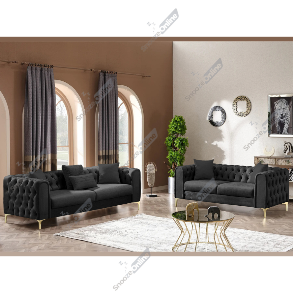 (Black Velvet, 3+2 Seater Sofa) Plush Velvet Chesterfield Sofas & Couches Stylish 3+2 Seater Sofa Set, Armchair For Living Room