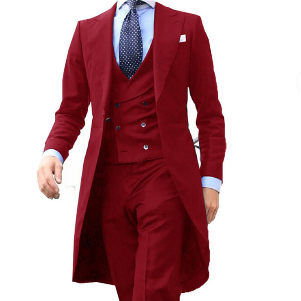 (red, XL) Solid Wedding Men Long Tailcoat 3 Piece Formal Groom Tuxedos for Prom Party Male Suits-image-OPC-PGWZDZC-NEW